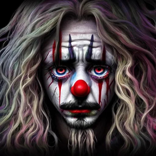 Prompt: Psychedelic, Tragic, Weeping Sad Unhappy 3D HD Tragic Bum Dirty {Clown}Male, Beautiful big reflective eyes, long flowing hair, hyper realistic, 8K disheveled house background, 64K --s99500