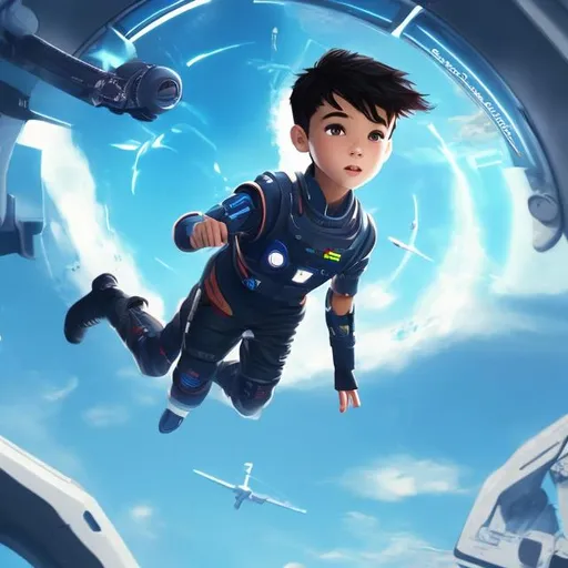 Prompt: A futuristic boy is flying