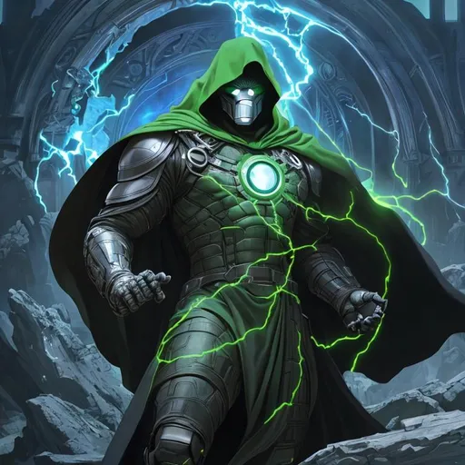 Prompt: portrait of Doctor Doom from Fantastic Four, green eyes, black cloak , in green magitek background, D&D setting, perfect composition, hyperrealistic, super detailed, 8k, high quality, trending art, trending on artstation, sharp focus, studio photo, intricate details, highly detailed, by greg rutkowski and alphonse mucha