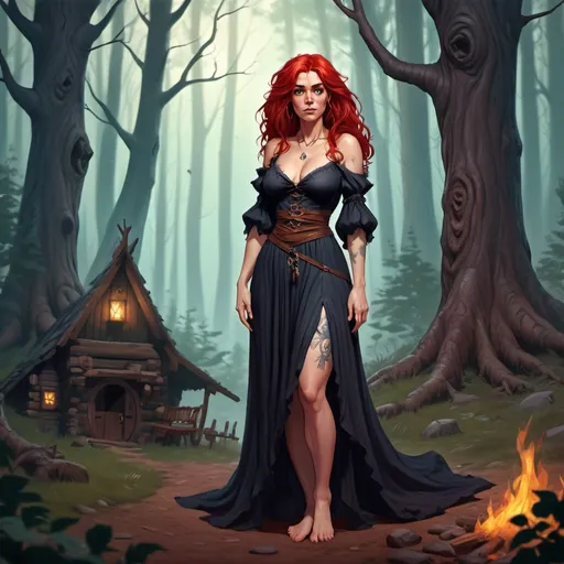 Prompt: Full body, Fantasy illustration of a witch, 35 years old, pretty, red disheveled hair,  wearing a gypsy dress, mistrustful expression, high quality, rpg-fantasy, detailed, cabin in the forest, background
