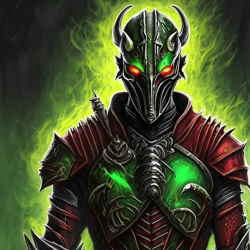 Prompt: 
daedric dremora,  30 year red armor, green fire background, portrait elder scrolls art