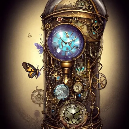 Prompt: mystical, steampunk, butterfly in an hourglass, vingette