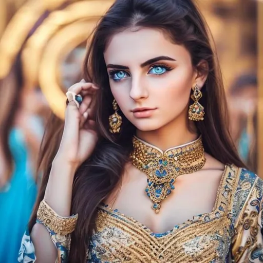 Prompt: Young hot women with blue eyes and Arabian jwellery in gold and blue dress
