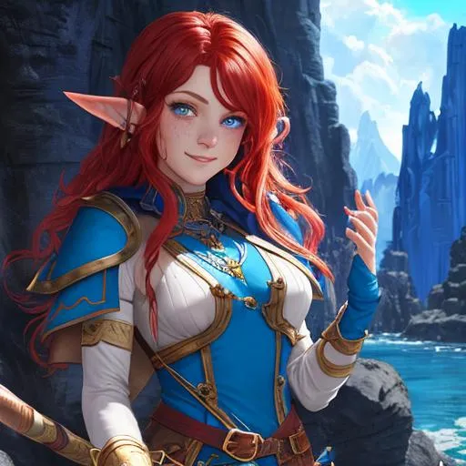 Prompt: oil painting, D&D fantasy, blue-skinned-elf girl, blue-skinned-female with freckles, slender, beautiful, short fiery red hair, wavy hair, smiling, pointed ears, looking at the viewer, cleric wearing intricate adventurer outfit, #3238, UHD, hd , 8k eyes, detailed face, big anime dreamy eyes, 8k eyes, intricate details, insanely detailed, masterpiece, cinematic lighting, 8k, complementary colors, golden ratio, octane render, volumetric lighting, unreal 5, artwork, concept art, cover, top model, light on hair colorful glamourous hyperdetailed medieval city background, intricate hyperdetailed breathtaking colorful glamorous scenic view landscape, ultra-fine details, hyper-focused, deep colors, dramatic lighting, ambient lighting god rays, flowers, garden | by sakimi chan, artgerm, wlop, pixiv, tumblr, instagram, deviantart