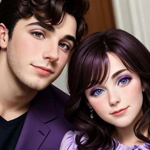 Prompt: Woman wearing a purple dress,  with a young man with dark hair, facial closeup