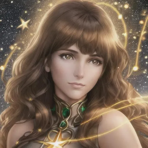 Prompt: A high quality woman with brown hair and hazel eyes with a photo realistic face surrounded by stars a golden glowing string, fantasy, science fiction, beautiful, 