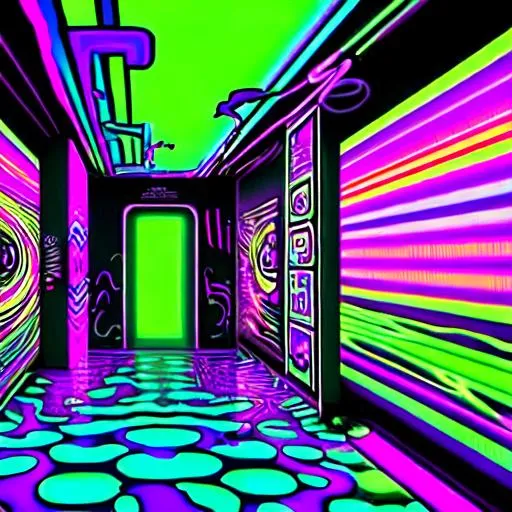 Prompt: As you enter the room, a wave of neon colors and trippy patterns washes over you. The acidwave aesthetic is in full force here, with walls covered in bold, abstract designs and flickering fluorescent lights casting everything in a surreal glow. The music is a heady mix of glitchy beats and distorted vocals, pulling you further into the dreamlike atmosphere. It's like stepping into a hallucination, where nothing is quite as it seems and reality is a fluid, ever-shifting thing. In this acidwave world, anything is possible and everything is a little bit warped.