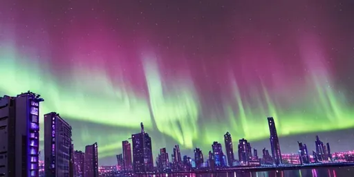 Prompt: cyberpunk theme with northern lights in the dark blue sky while snowing 