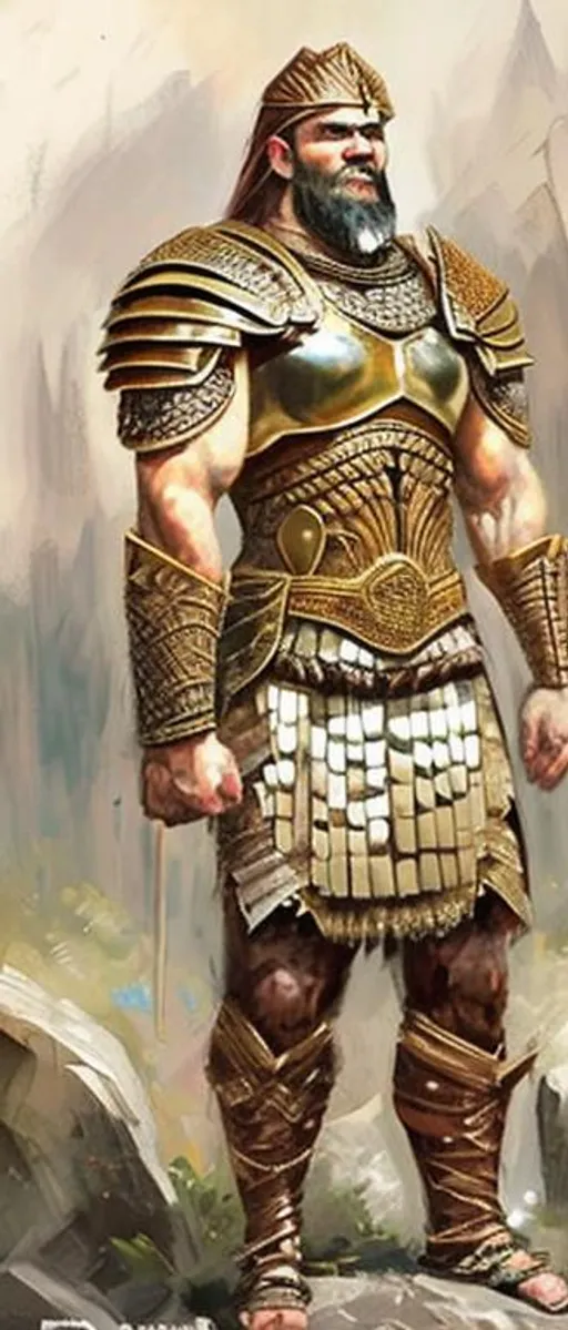 Prompt:    An oil painting portrays Gilgamesh as a  warrior in a fantasy setting, exuding a rugged and formidable appearance. The character showcases a robust and well-defined musculature, complemented by his black, cropped hair and neatly trimmed beard. Adorned in protective armor, he stands poised, while his attire features crimson clothing, adding a striking contrast to his overall depiction.             Black Hair          