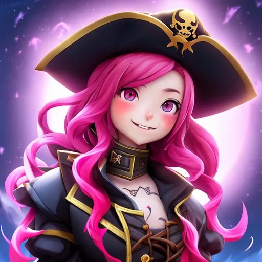Prompt: anime girl with pink hair and a pirate hat, black and red dress, character reveal, inspired by Muqi, turning her head and smiling, daughter of death, fortnite skin, long curl red hair, e - girl, many zippers, obsidian skin, devil