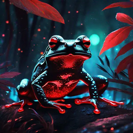 Prompt: A mythical bioluminescent frog that is glowing, evil, scary, creepy, terrifying, black and red rainforest, beneath the stars, highres, best quality, concept art