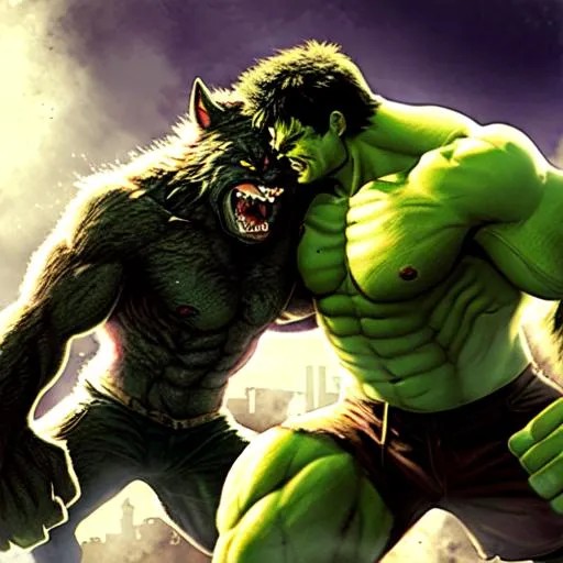 Prompt: a werewolf fighting against hulk