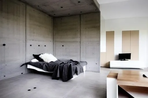 Prompt: Concrete minimalistic room with beige And white elements. And dark wood elements.