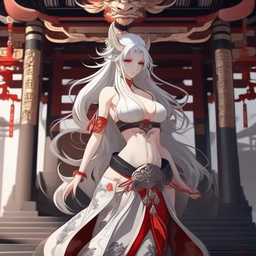 Prompt: anime style, full body, female model, shapely body, standing in temple, Oni, long hair, white hair, Detailed Face, intricate eyes, Red iris, Perfect anatomy, showing skin, Japanese, shadows, extremely high detail,  midriff, deep cleavage, 
