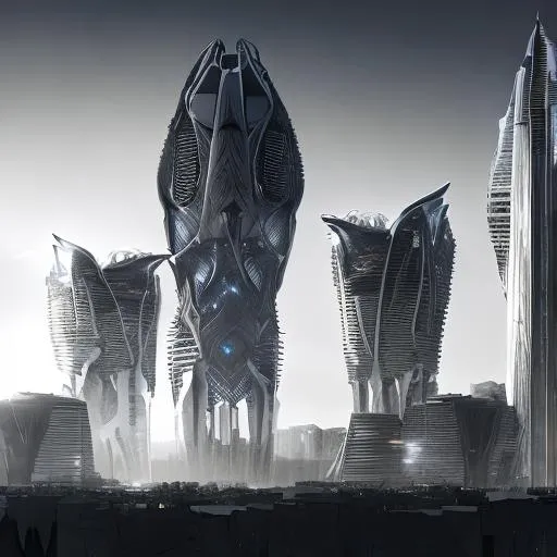 Prompt: future city, in Afrika, rounded and spikey architecture, sunset, black and white, cyber punk