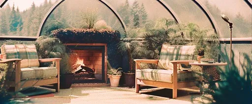 Prompt: Sunroom with glass walls, dome and lush plants, fireplace, coffee cup on wooden table and armchair and plaid, time of day is sunset