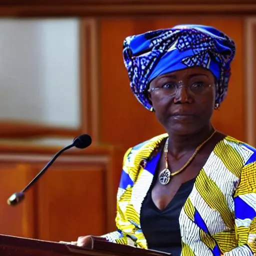 Prompt: An African Liberian woman standing at a podium in Parliament in Liberia 