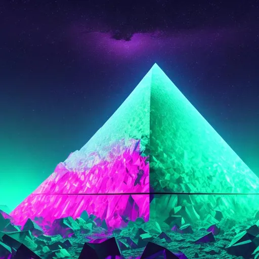 Prompt: wide view cropped image, ground point of view, giant crystal pyramid, overhead neon green lighting, infinity vanishing point, neon blue nebula background