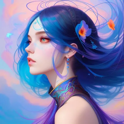 Prompt: Loish, james jean, tom bagshaw, beautiful woman, hair made of  floating ribbons and  smoke, beautiful sky background, colorful and vibrant, mystical  colors, contemporary impressionism, yanjun cheng portrait painting, iridescent painting, 3/4 perspective view, cute face, low angle, sweeping circling composition, large beautiful crystal eyes, big irises