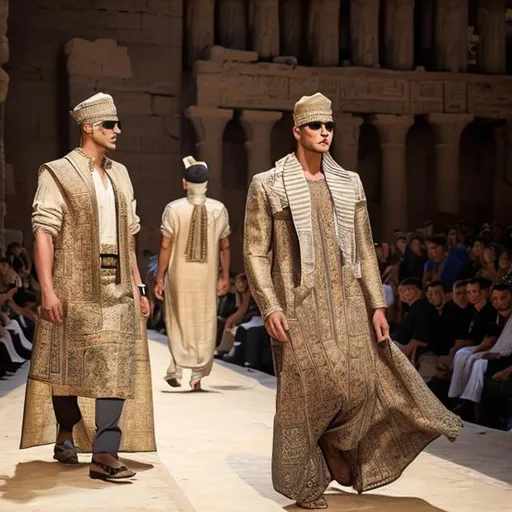 Prompt: Men's modern fashion show amidst the heritage and antiquities of the Pharaonic civilization, as if the fragrant of history mixed with the elegance of the present