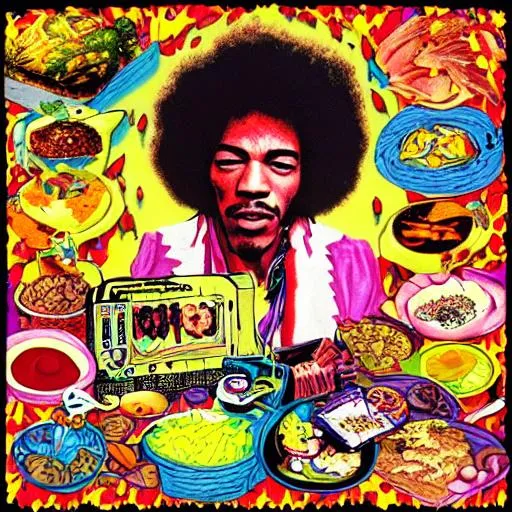 Prompt: jimi hendrix surrounded by food "electric lunch lady land" psychedelic album 8k