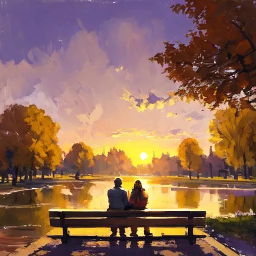 Prompt: Rear view of a couple sitting on a park  bench near a pond at sunset in the style of peder mork monsted