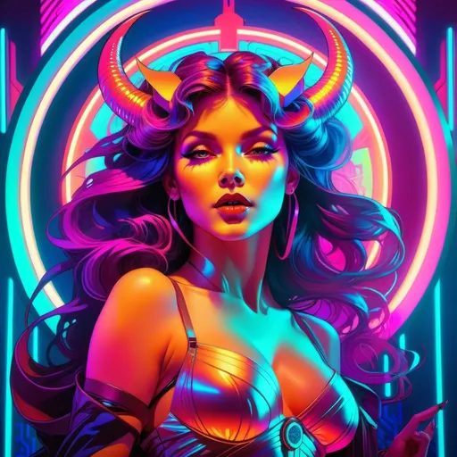 Prompt: a beautiful female demon in a dynamic pose in a retro futuristic synthwave cyberpunk neon paradise.  neon lighting, high quality, beautiful, masterpiece, artistic, synthwave, cyber, retro, futuristic