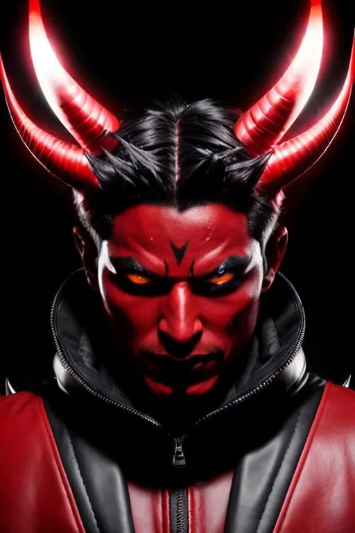 Prompt: Photorealistic Devil man, Red Skin and eyes, Black markings on his face, Black horns with red tips, Red and Black reinforced Leather Jacket, Intricately Detailed, Hyper Detailed, Hyper Realistic, Volumetric Lighting, Beautiful coloring and face detail