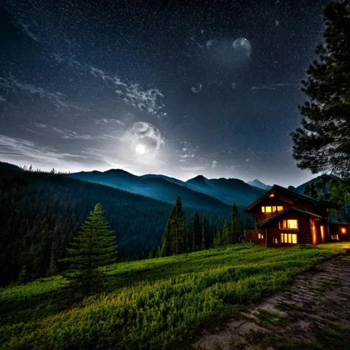 Prompt:  house, horror, at midnight ,  full moon shining bright , mountain , dark forest , fire's ,