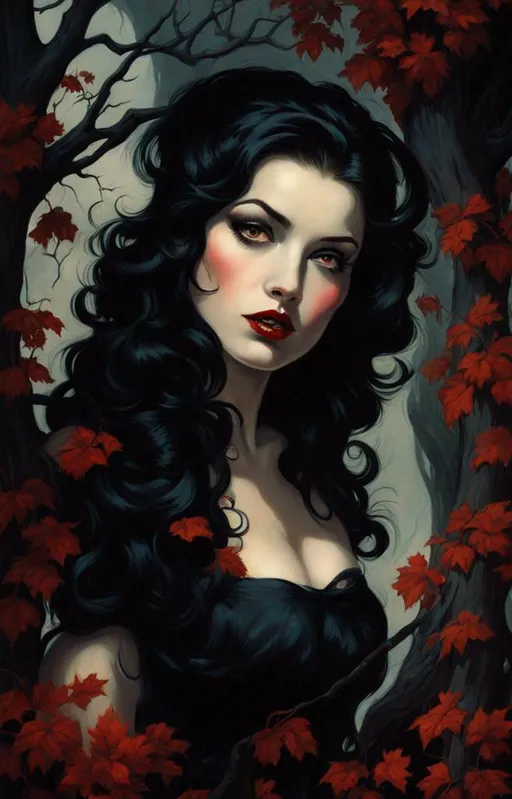 Prompt: detailed illustration by Gil Elvgren of beautiful vampire woman. Ruby Lips. Eyes. Youthful. Pale skin. Long black flowing hair. Arboreal setting. 
