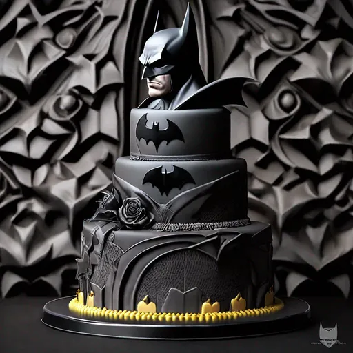 Prompt: batman, cake, sharpness, smoke, mystery, gothic, epic, hyperrealism, 3D detailed, incrustation, contrast forms and lines, contrast space and light.