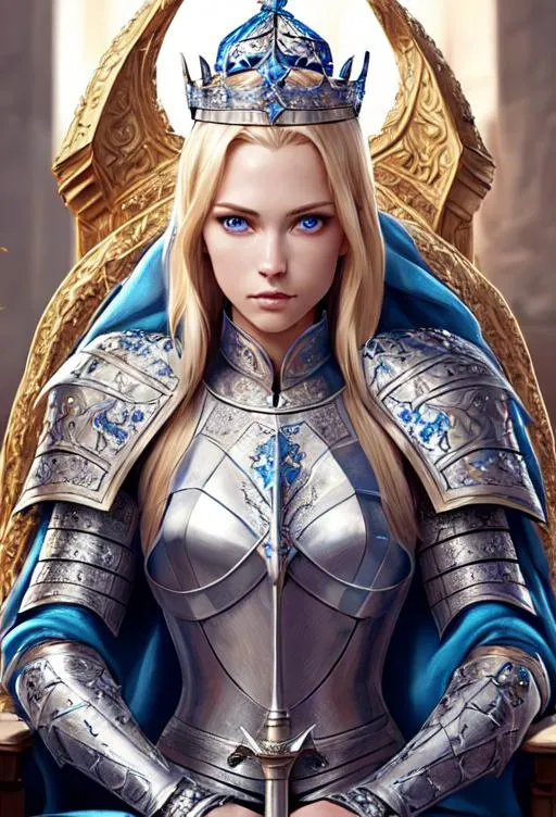 Prompt: Gorgeous women as a knight, detailed face, wearing fancy armor, blonde, blue eyes, handling a sword, wear crown, sit at the throne, full body, mythical, elegant, hyperrealism, highly detailed, intricate detailed,dynamic lighting, 4K, HD.
