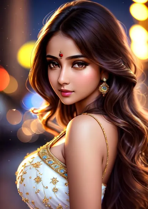 Prompt: best quality, realistic, masterpiece, an extremely delicate and beautiful, CG, extremely detailed , highres, extremely detailed, night city background, indian young women, beautiful detailed girl, head and shoulder portrait, navel, curvy, perfect shape, full body view, realistic, dress, beautiful detailed brown eyes, light on face, cinematic lighting, brown long hair, eye contact, brown skin, smile, slim body