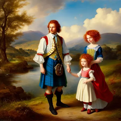 Prompt: Red-haired man with blue eyes,Holding little girl, red curly hair,clothes from 18th century, scotland landscape