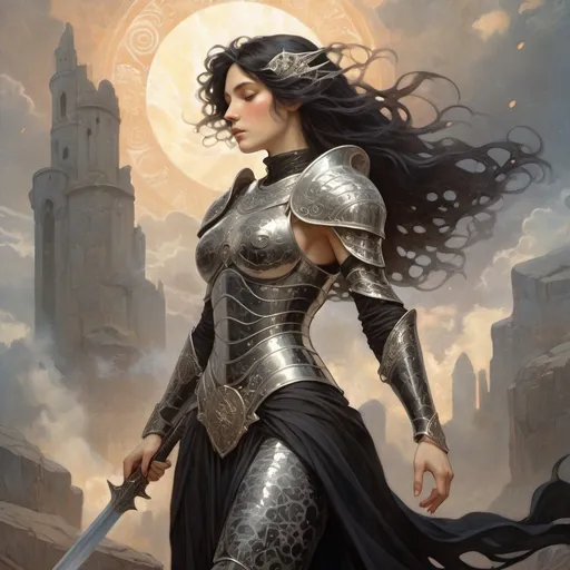 Prompt: lorica squamata, scale armour, swirling white energy, triumphant woman with flowing black hair wearing black scalemail armor and holding a greatsword, side view, profile view, full body, pale skin, greatsword, , swirling mist, spirits of the dead, scalemail, scale armor, dragonscale armor, ancient battlefield, dark tones, sunset, somber tones, sad ghosts