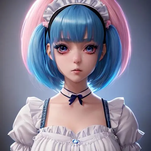 Prompt: Gorgeous Girl, Blue Hair, Bangs, Maid Outfit, Hairband, Pink Hair Pins, Extremely Detailed, Sharp, Masterpiece, Skinny, Character Portrait, Looking At Camera, Symmetrical, Soft Lighting, Cute Big Circular Reflective Eyes, Pixar Render, black skin, Unreal Engine Cinematic Smooth, Intricate Detail, anime Character Design, Unreal Engine, Vintage Photography, Beautiful, Tumblr Aesthetic, Retro Vintage Style, Hd Photography, Hyperrealism, Beautiful Watercolor Painting, Realistic, Detailed, Painting By Olga Shvartsur, Svetlana Novikova, Fine Art, Soft Watercolor