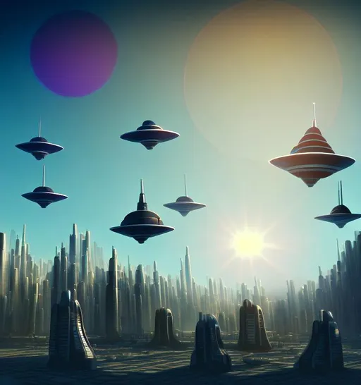 Prompt: scifi city and smal trees white sunrise and flying ufos