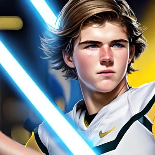 Prompt: zoomed in picture of quarterback Justin Herbert's Face as a jedi holding a blue lightsaber 
