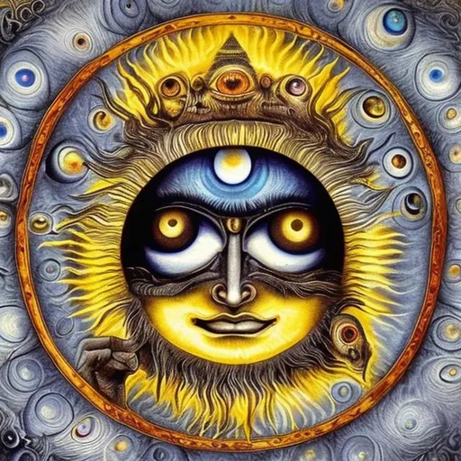 Prompt: The living entity who is the proud seer of the senses, such as the eye, is also present in the form of the sun and other demigods, and the visible body, which is composed of the eyeballs and other senses, separates the two, indian mythology, indian god, beautiful 