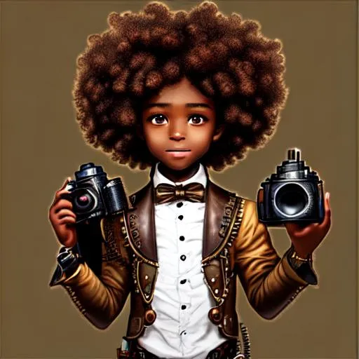 Prompt: African boy with curly hair and brown eyes taking pictures with his camera,  steampunk art