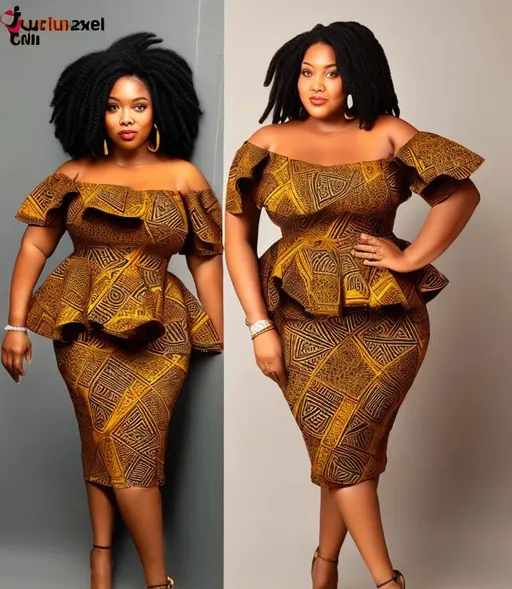 Prompt: Caramel coloured 40 year old plus size curvy woman with thin shoulder length dreadlocks and ankara cold shoulder peplum dress