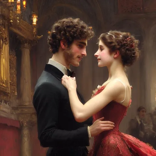 Prompt:  Waltz dance 1880 couple, close up, {woman with curly hair and beautiful face}, { men has curly long hair, tall and strong body }, {background castle}, super detailed, 8k, high quality, sharp focus, real skin, cheeks red, transparent, intricate details, highly detailed, oil painting by William Waterhouse 