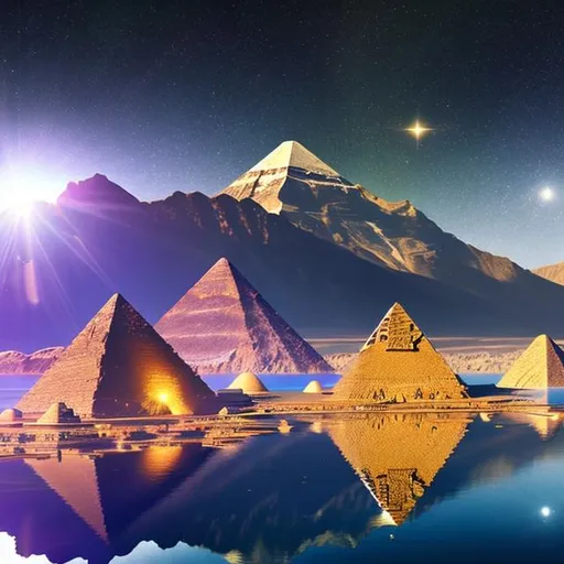 Prompt: Arcturian aliens, sparkling lake, gold shining 
pyramids in the foreground star alignment