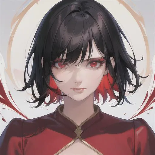 Prompt: (masterpiece, illustration, best quality:1.2), floating in a blood filled pool, short trimmed black hair, red eyes  wearing white robe, best quality face, best quality, best quality skin, best quality eyes, best quality lips, ultra-detailed eyes, ultra-detailed hair, ultra-detailed, illustration, colorful, soft glow, 1 woman, mature woman