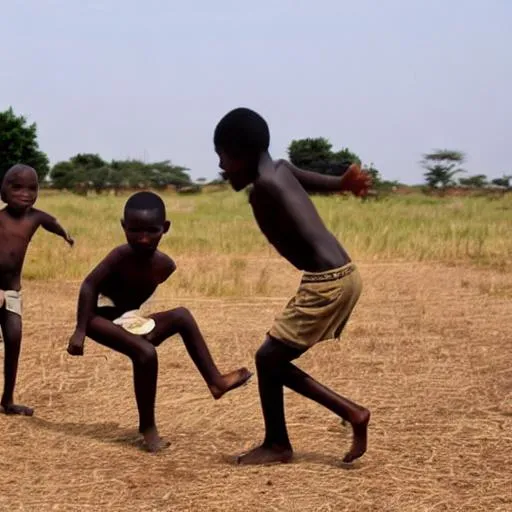 Prompt: African young boys playing next to the homestead

