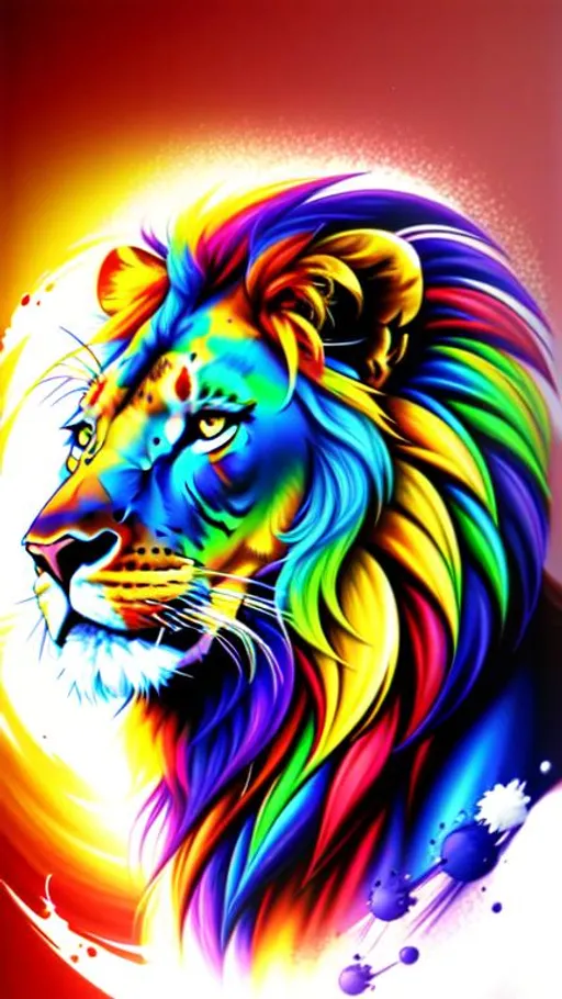 Prompt: 4K, ultra realistic, shiny, colorful, round, lion coming out of white canvas with splotches of paint on the canvas