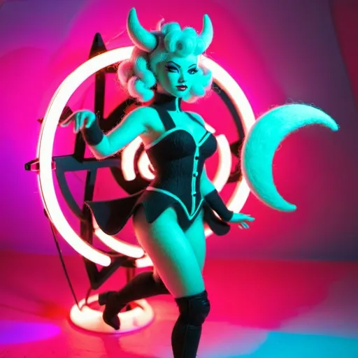 Prompt: a beautiful female demon in a dynamic pose in a retro futuristic synthwave cyberpunk neon paradise.  neon lighting, high quality, beautiful, synthwave, cyber, retro, futuristic