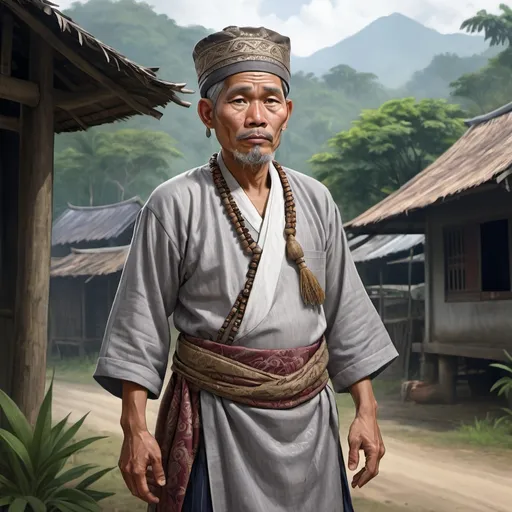 Prompt: Full body, Fantasy illustration of a male malayan village chief, 50 years old, worried expression, rich traditional garment and a songkok cap, Heather grey hair, high quality, rpg-fantasy, detailed, malayan village background