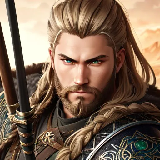 Prompt: oil painting, fantasy, a young human man viking with light hazel hair tied back and neatly trimmed brown beard and green eyes | Warrior wearing Japanese armor wielding a large Spear with both hands , #3238, UHD, hd , 8k eyes, detailed face, big anime dreamy eyes, 8k eyes, intricate details, insanely detailed, masterpiece, cinematic lighting, 8k, complementary colors, golden ratio, octane render, volumetric lighting, unreal 5, artwork, concept art, cover, top model, light on hair colorful glamourous hyperdetailed medieval city background, intricate hyperdetailed breathtaking colorful glamorous scenic view landscape, ultra-fine details, hyper-focused, deep colors, dramatic lighting, ambient lighting god rays, flowers, garden | by sakimi chan, artgerm, wlop, pixiv, tumblr, instagram, deviantart