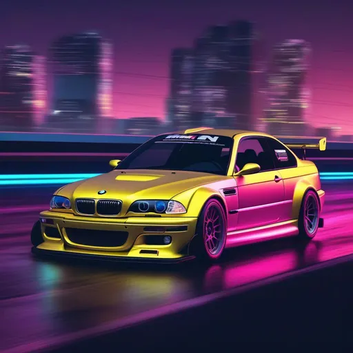 Prompt: 2001 BMW M3 E46 GTR, synthwave, aesthetic cyberpunk, miami, highway, dusk, neon lights, coastal highway, dusk, neon lights, coastal highway, sunset, drift, nurburgring